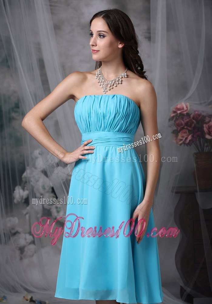 Aqua Blue Ruched Dropping Short Maid of Honor Dress with Sash