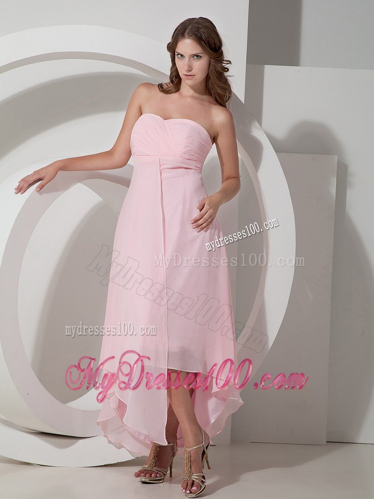 Light Pink Strapless Asymmetric Pleated Bridesmaid Dresses Tea Length