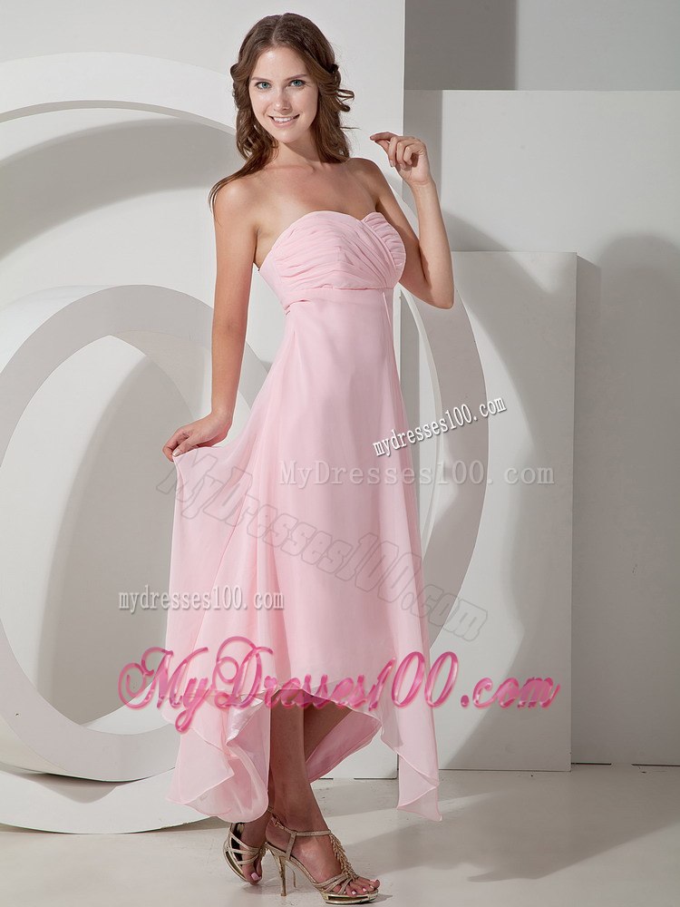 Light Pink Strapless Asymmetric Pleated Bridesmaid Dresses Tea Length