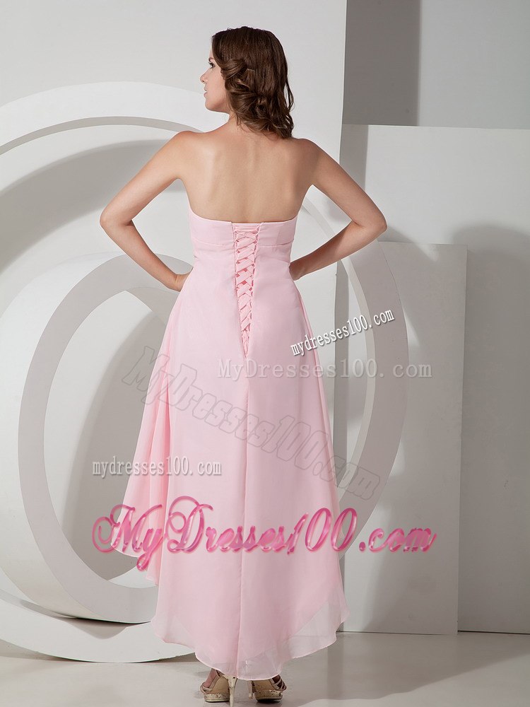 Light Pink Strapless Asymmetric Pleated Bridesmaid Dresses Tea Length