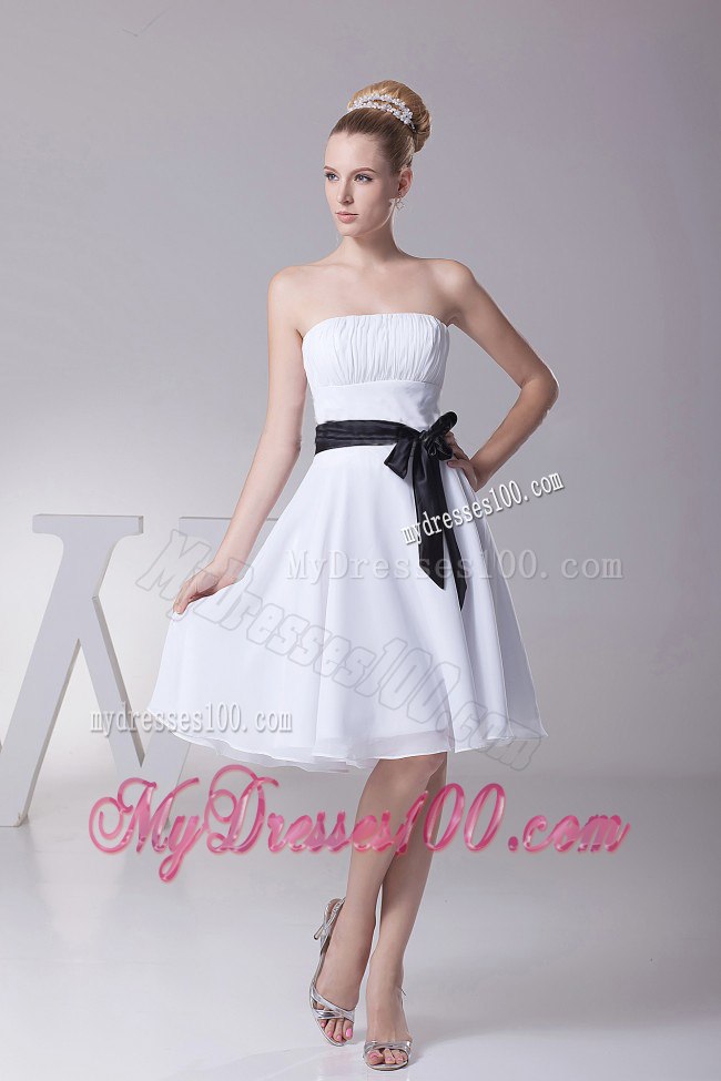 White Strapless Ruching Mini Length Maid of Honor Dress with Black Sash