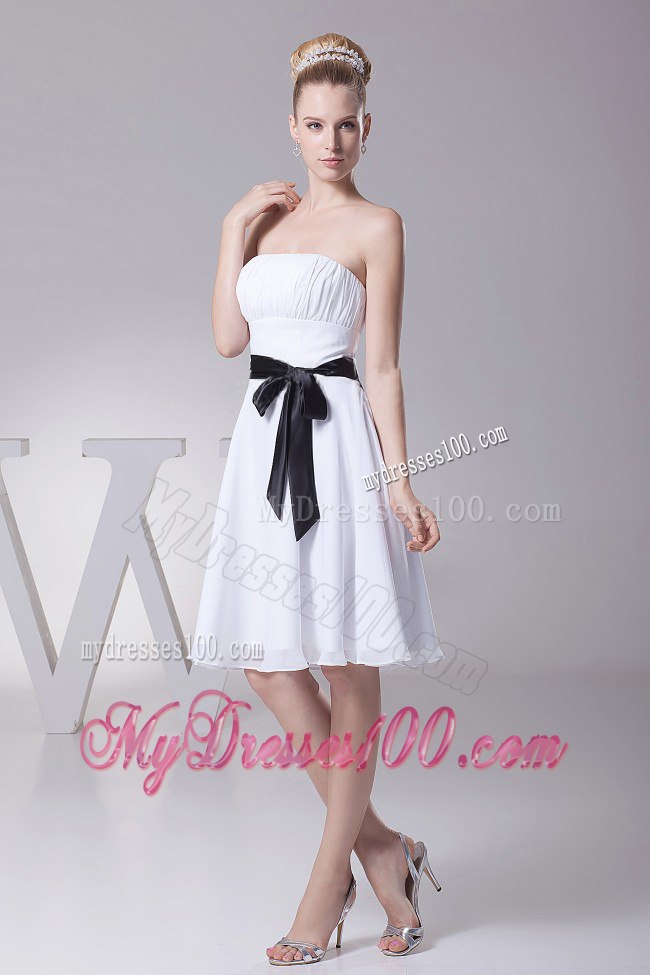 White Strapless Ruching Mini Length Maid of Honor Dress with Black Sash