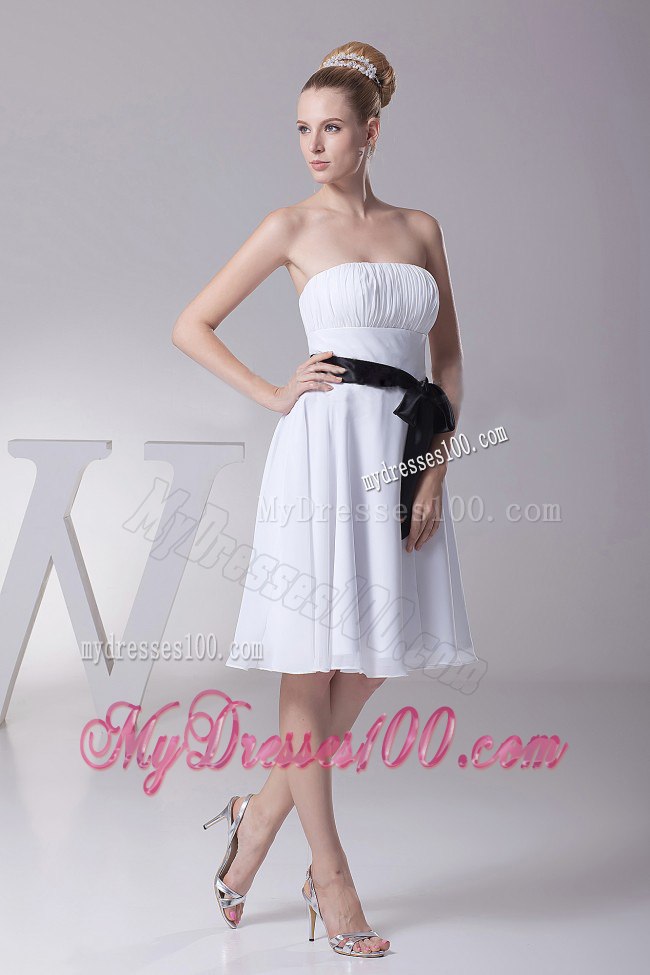 White Strapless Ruching Mini Length Maid of Honor Dress with Black Sash