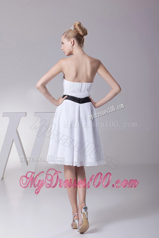White Strapless Ruching Mini Length Maid of Honor Dress with Black Sash