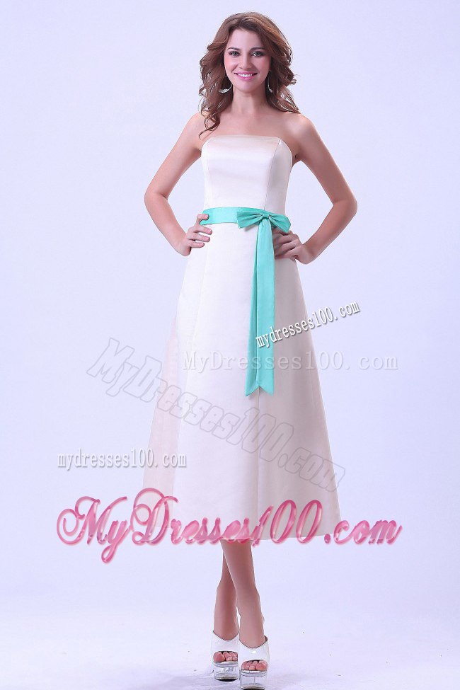 Ivory Strapless A-line Tea Length Satin Bridesmaid Dresses with Sash