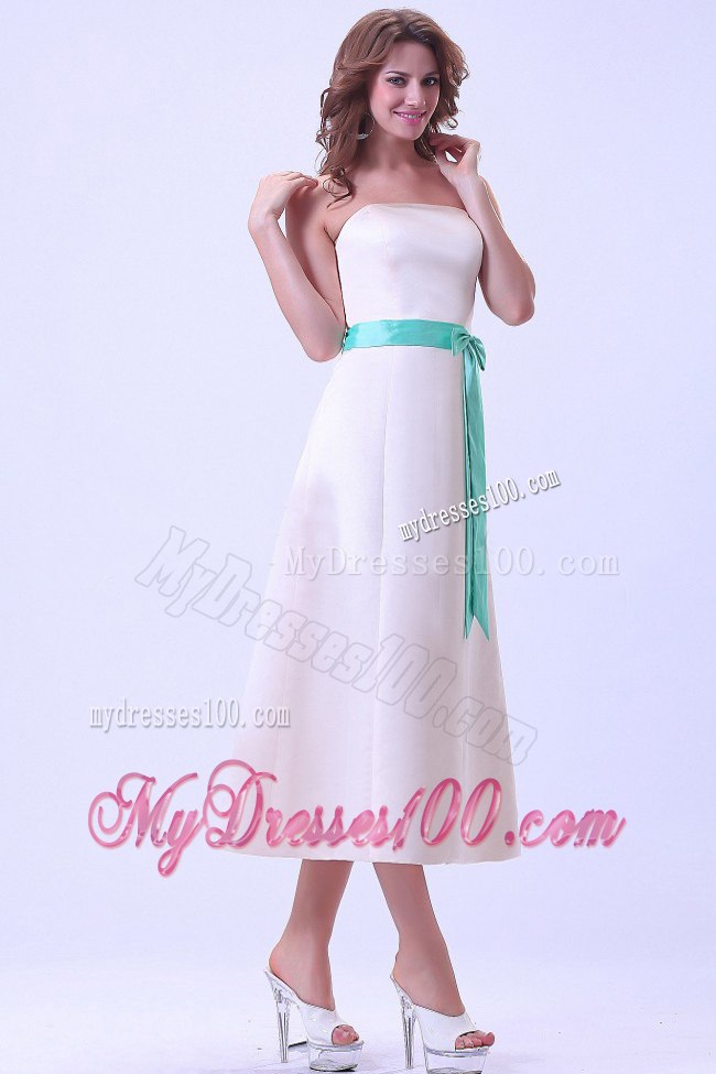 Ivory Strapless A-line Tea Length Satin Bridesmaid Dresses with Sash