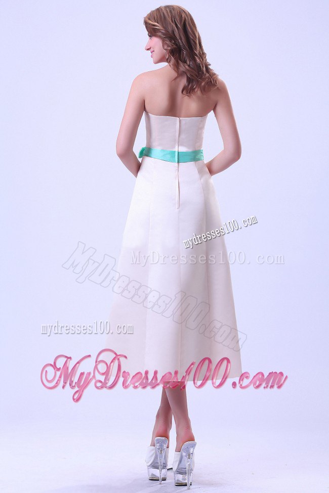Ivory Strapless A-line Tea Length Satin Bridesmaid Dresses with Sash