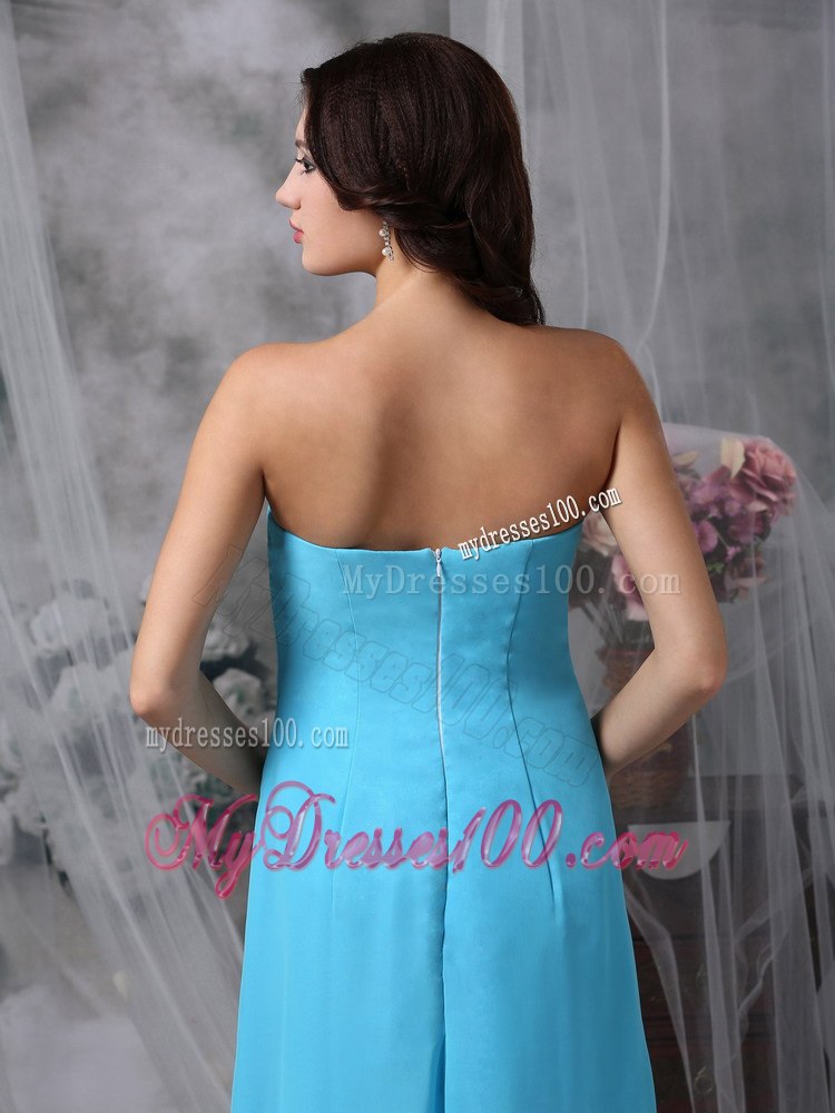 Blue Empire Pleated Floor Length Bridesmaid Dresses with Zipper Up Back