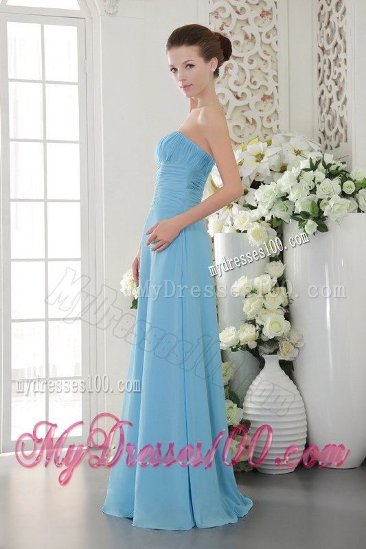 Aqua Blue Ruching Strapless Floor Length Column Dresses For Bridesmaid