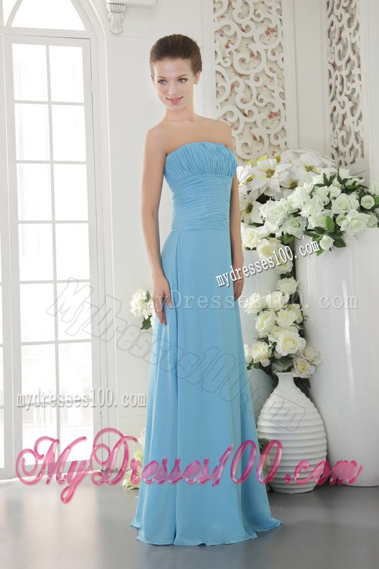 Aqua Blue Ruching Strapless Floor Length Column Dresses For Bridesmaid