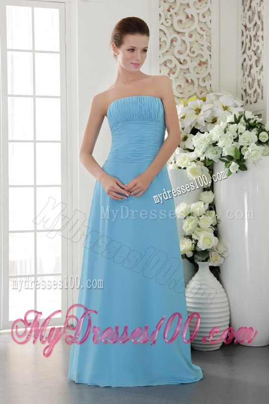 Aqua Blue Ruching Strapless Floor Length Column Dresses For Bridesmaid