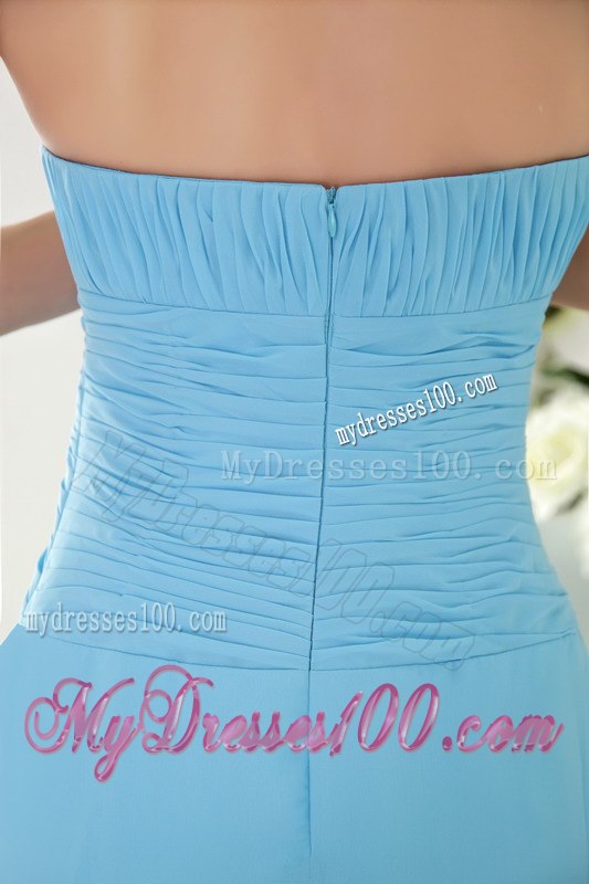 Aqua Blue Ruching Strapless Floor Length Column Dresses For Bridesmaid