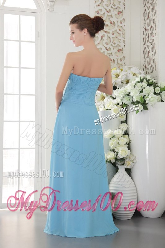 Aqua Blue Ruching Strapless Floor Length Column Dresses For Bridesmaid
