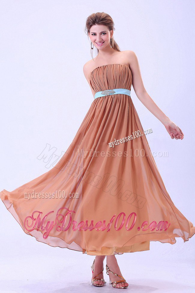 Nude Colored Strapless Pleated Ankle length Dresses For Bridesmaid