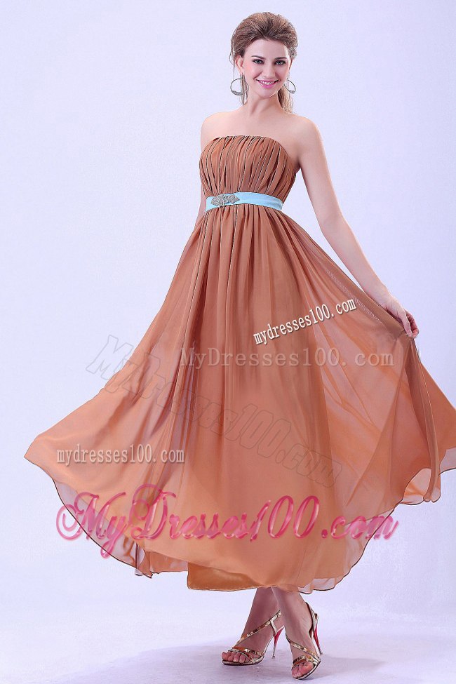 Nude Colored Strapless Pleated Ankle length Dresses For Bridesmaid