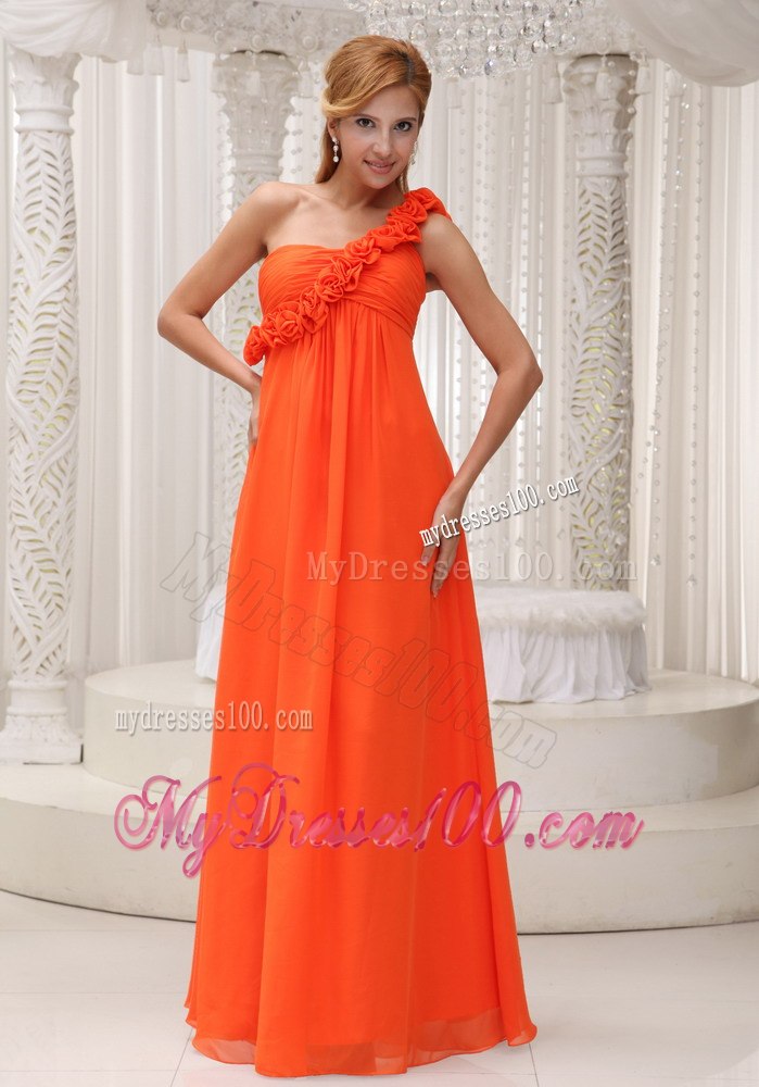 Orange Single Floral Strap Pleated Long Dresses For Bridesmaid
