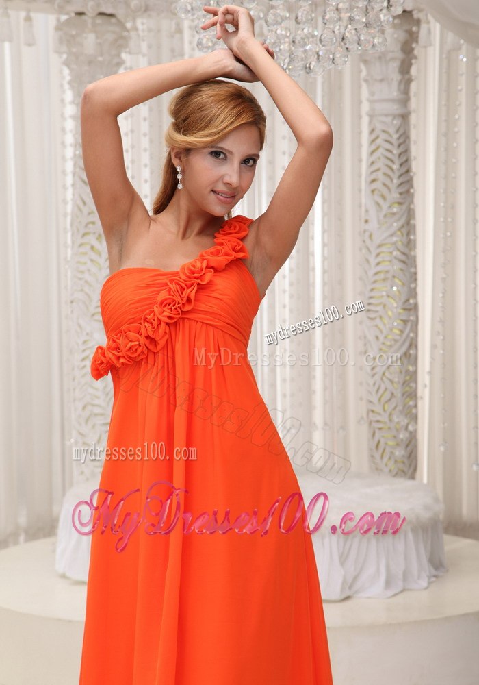 Orange Single Floral Strap Pleated Long Dresses For Bridesmaid