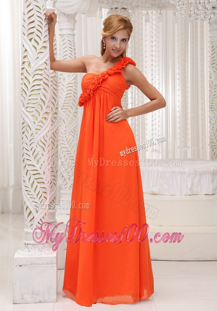 Orange Single Floral Strap Pleated Long Dresses For Bridesmaid