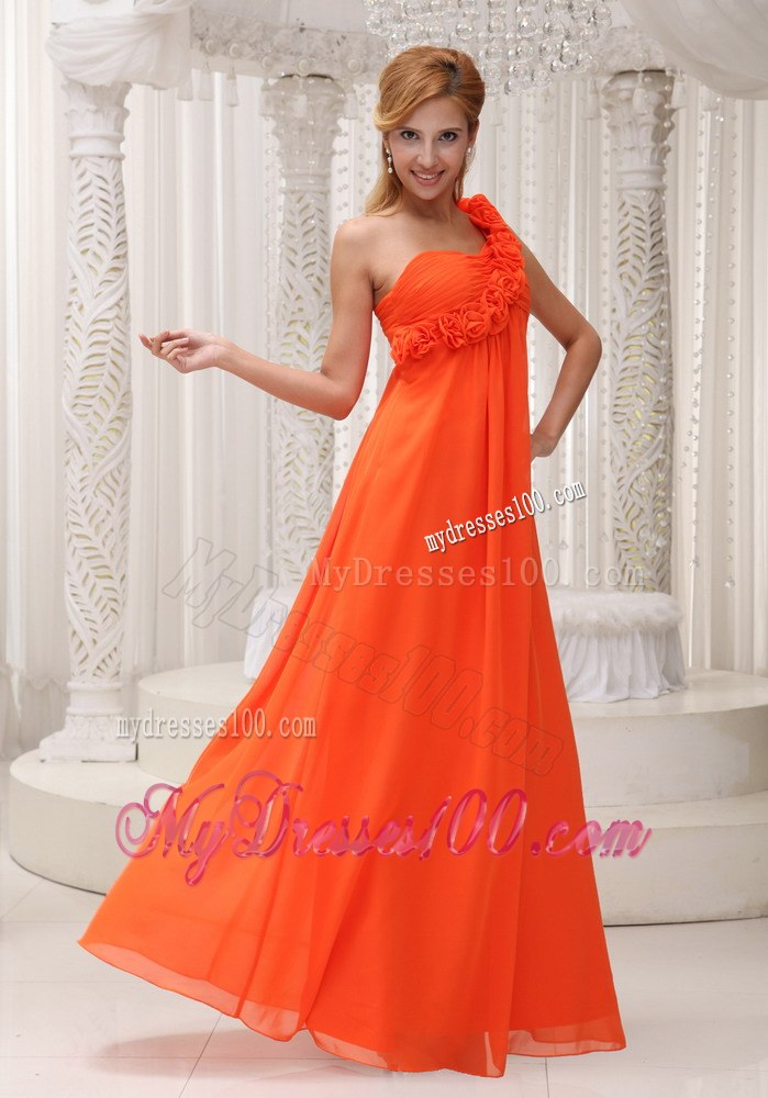 Orange Single Floral Strap Pleated Long Dresses For Bridesmaid