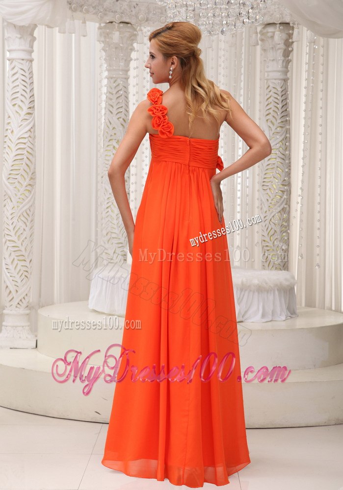 Orange Single Floral Strap Pleated Long Dresses For Bridesmaid