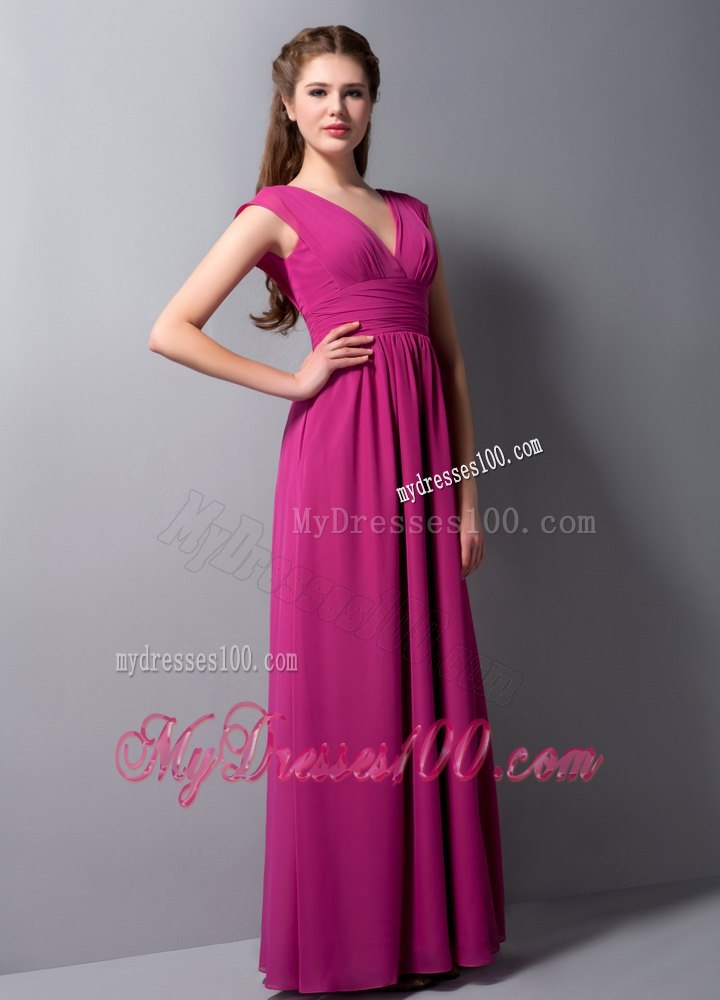 Fuchsia V-neck Empire Pleated Floor-length Dresses For Bridesmaid