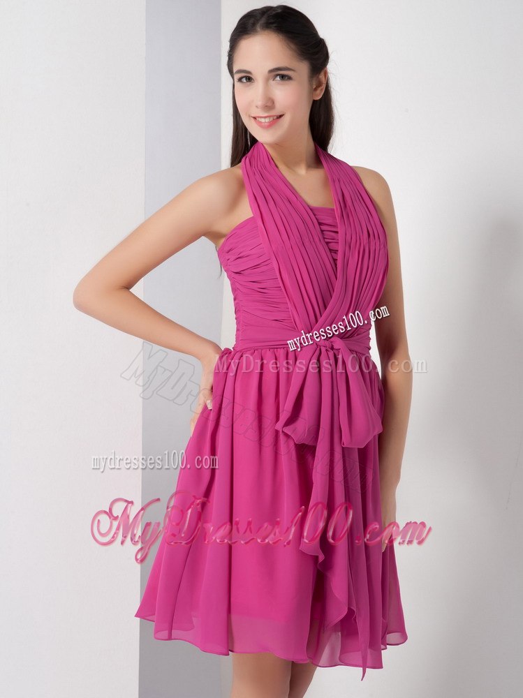 Fushcia Ruched Halter Mini Length Dresses For Bridesmaid with Belt