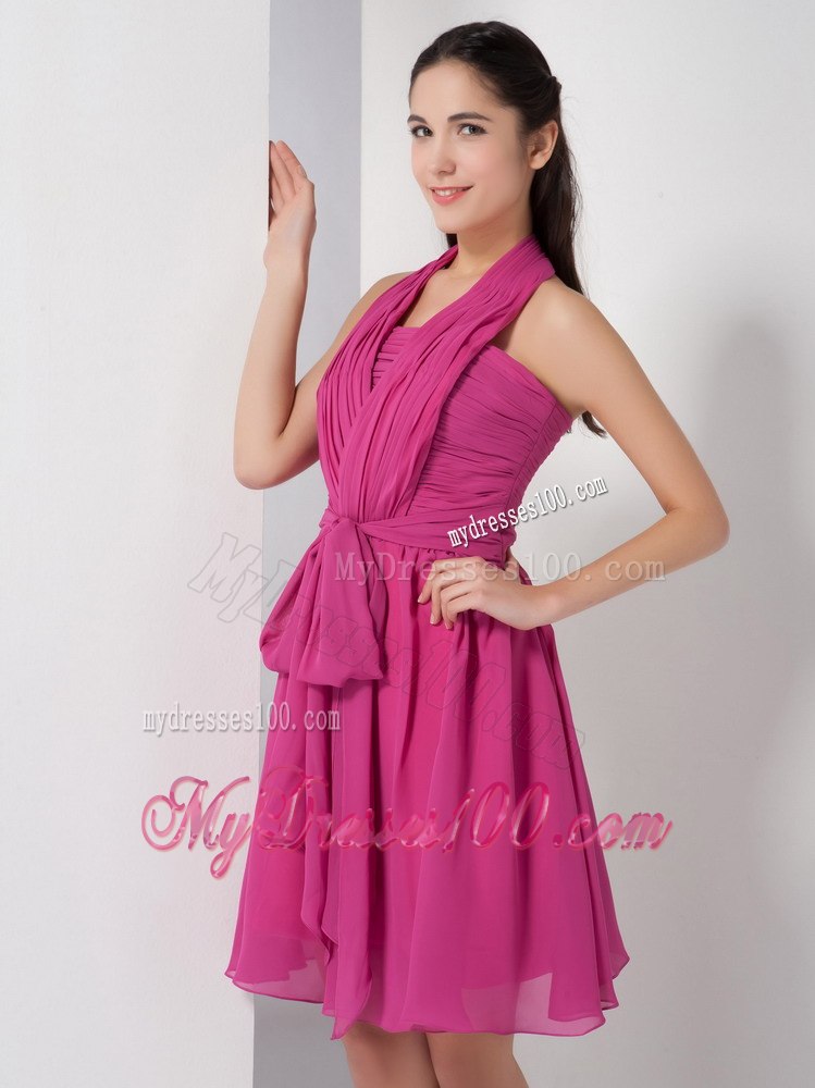 Fushcia Ruched Halter Mini Length Dresses For Bridesmaid with Belt