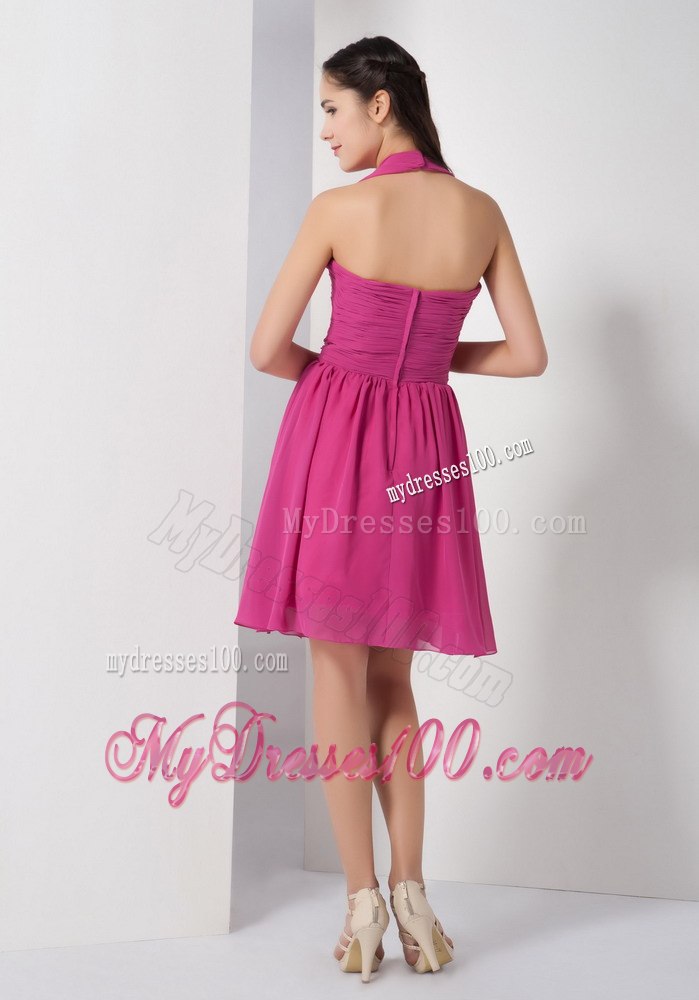 Fushcia Ruched Halter Mini Length Dresses For Bridesmaid with Belt