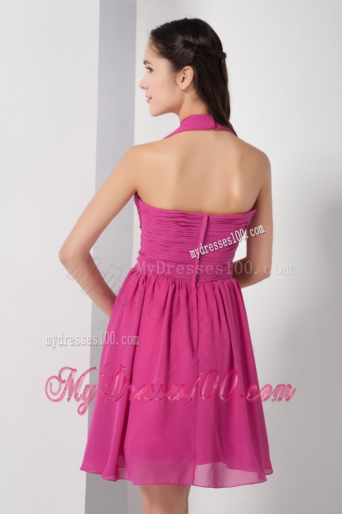 Fushcia Ruched Halter Mini Length Dresses For Bridesmaid with Belt