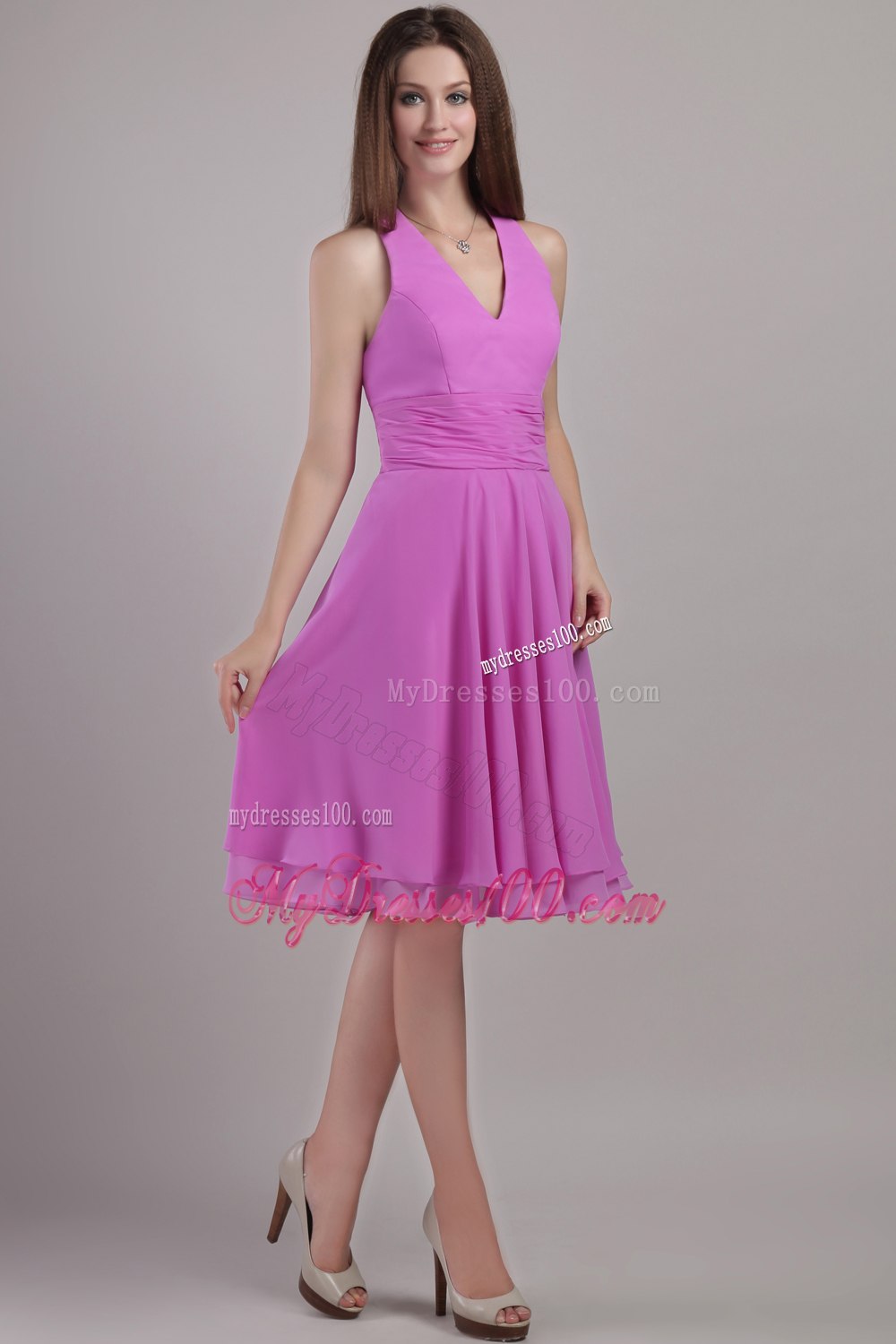 Fuchsia V-neck Pleated Princess Lace up Dresses For Bridesmaid