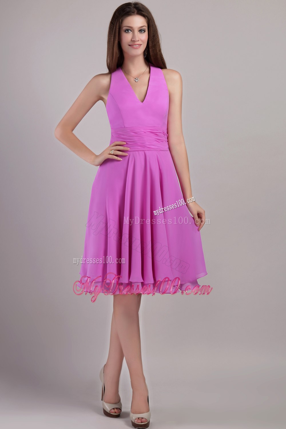 Fuchsia V-neck Pleated Princess Lace up Dresses For Bridesmaid