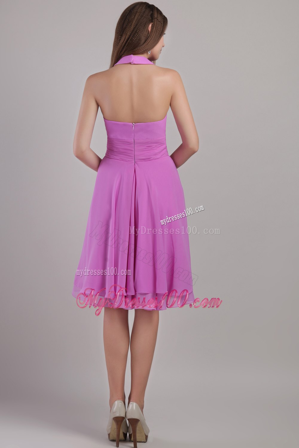 Fuchsia V-neck Pleated Princess Lace up Dresses For Bridesmaid