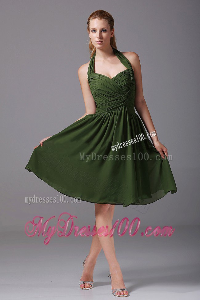 Dark Green Sweetheart Halter Pleated Maid of Honor Dress Short