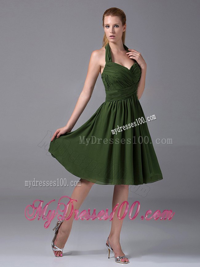 Dark Green Sweetheart Halter Pleated Maid of Honor Dress Short