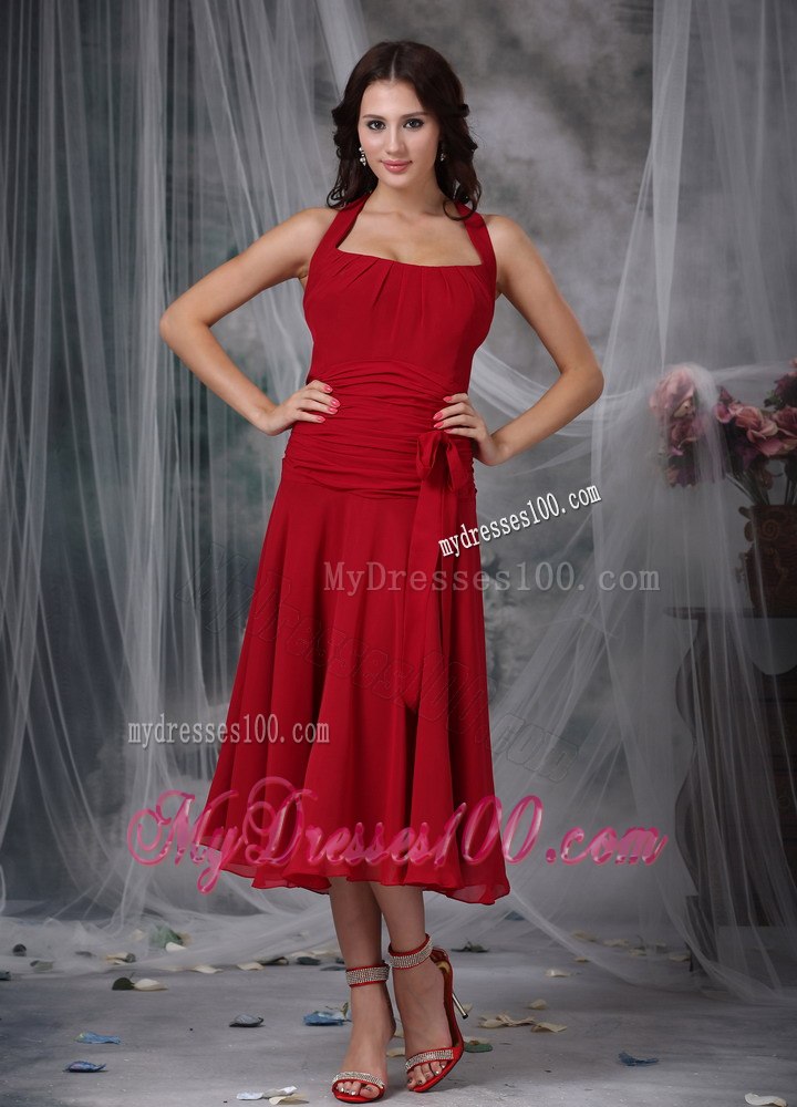 Square Halter Straps Ruffled Bridesmaid Dresses Tea length in Red