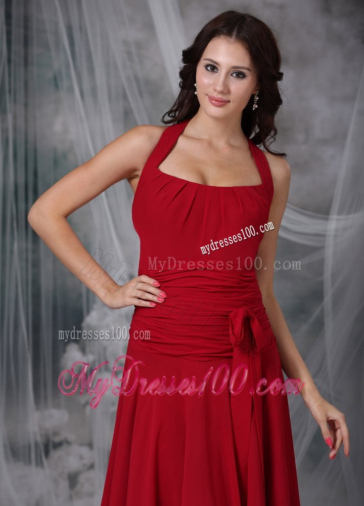 Square Halter Straps Ruffled Bridesmaid Dresses Tea length in Red