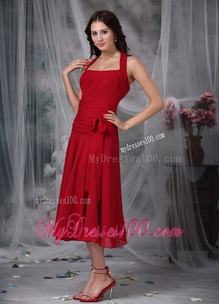 Square Halter Straps Ruffled Bridesmaid Dresses Tea length in Red