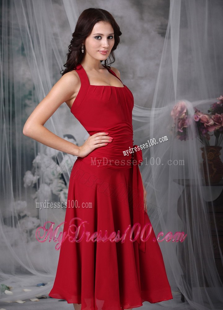 Square Halter Straps Ruffled Bridesmaid Dresses Tea length in Red