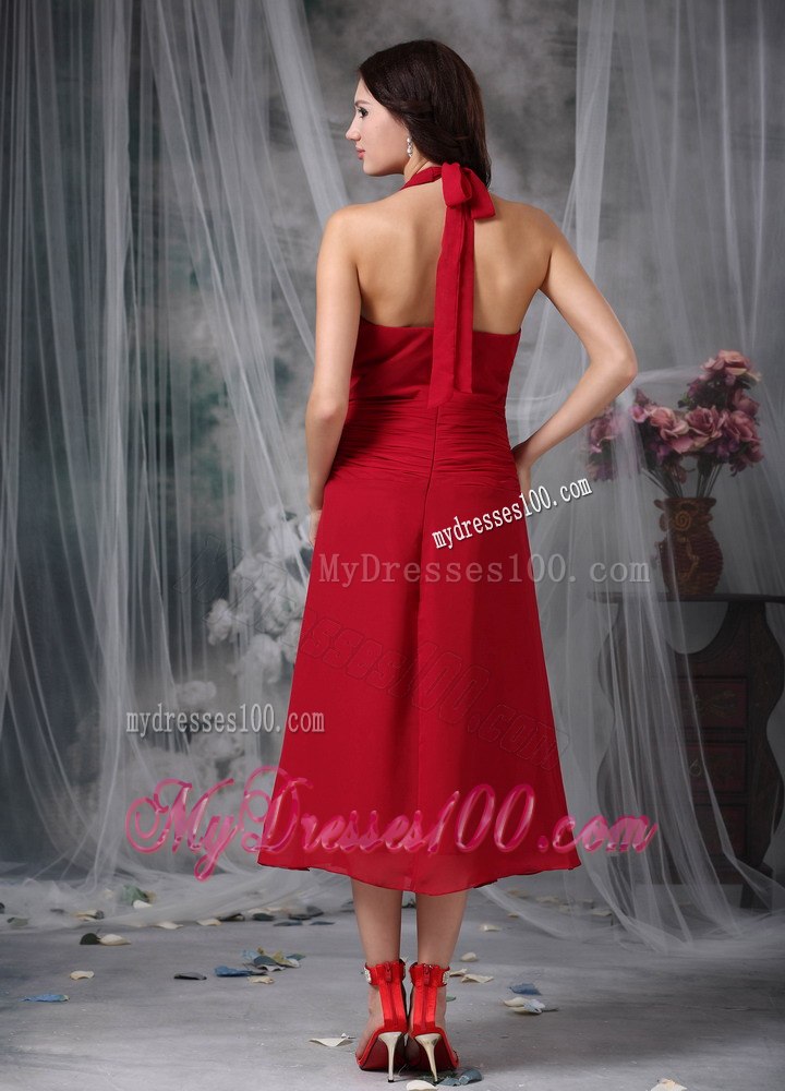 Square Halter Straps Ruffled Bridesmaid Dresses Tea length in Red