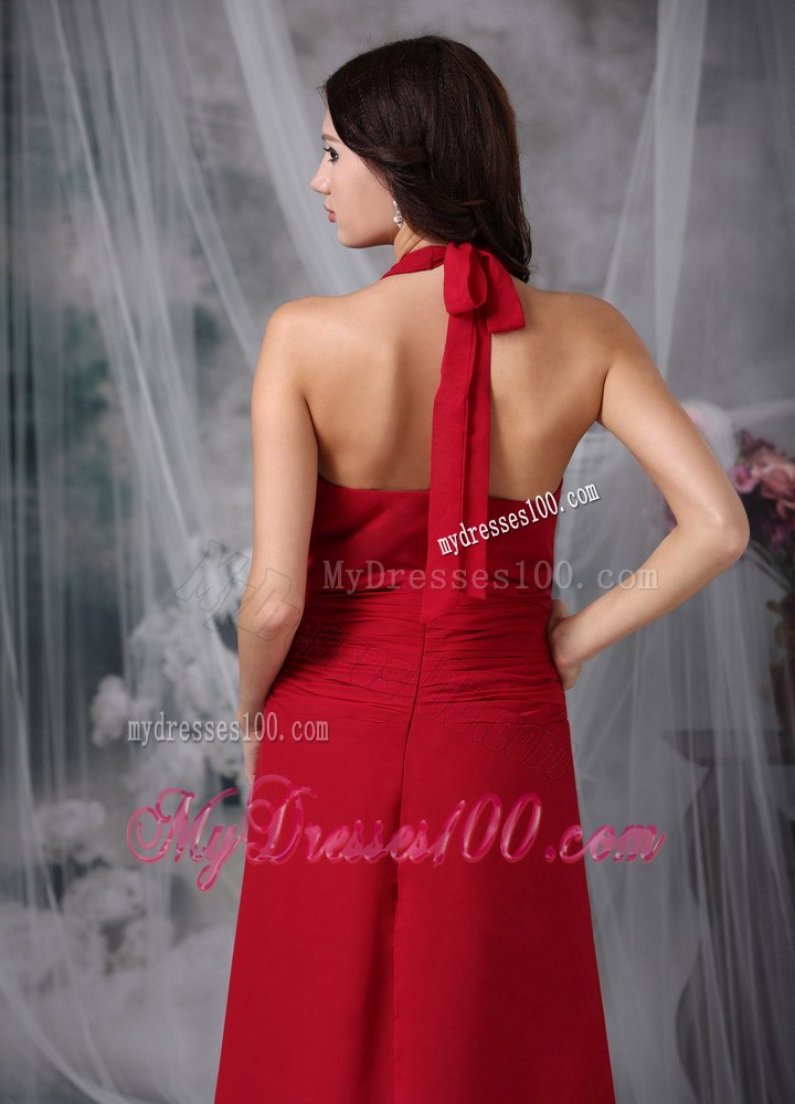 Square Halter Straps Ruffled Bridesmaid Dresses Tea length in Red