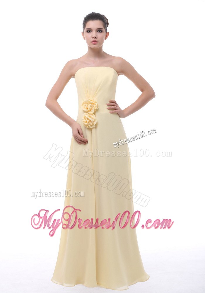 A-line Strapless Yellow Ruching Bridesmaid Dresses with Handmade Flowers