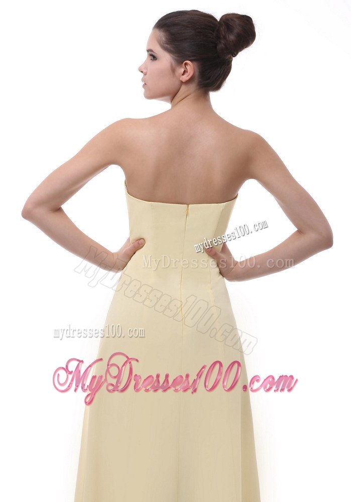 A-line Strapless Yellow Ruching Bridesmaid Dresses with Handmade Flowers