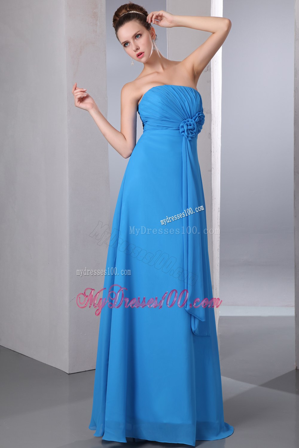 Blue Pleated Strapless Empire Floor-length Bridesmaid Dresses