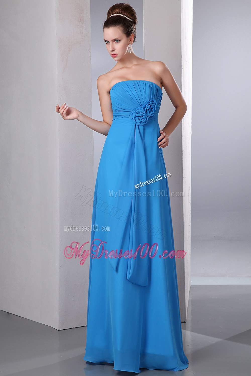 Blue Pleated Strapless Empire Floor-length Bridesmaid Dresses