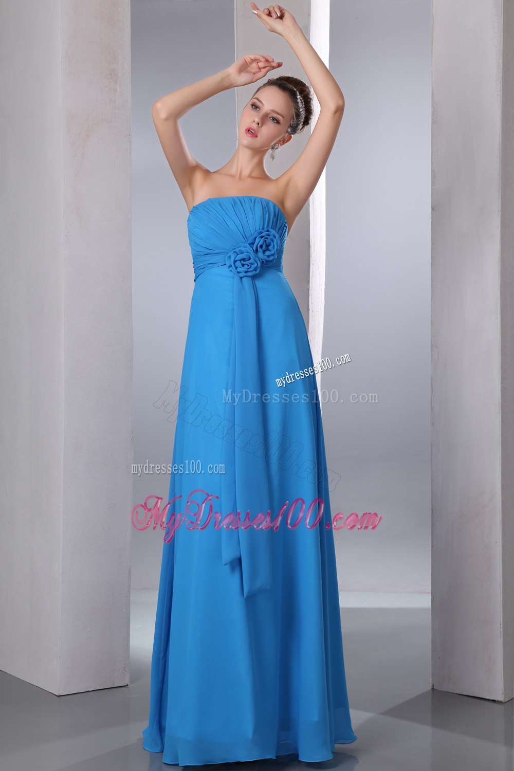Blue Pleated Strapless Empire Floor-length Bridesmaid Dresses