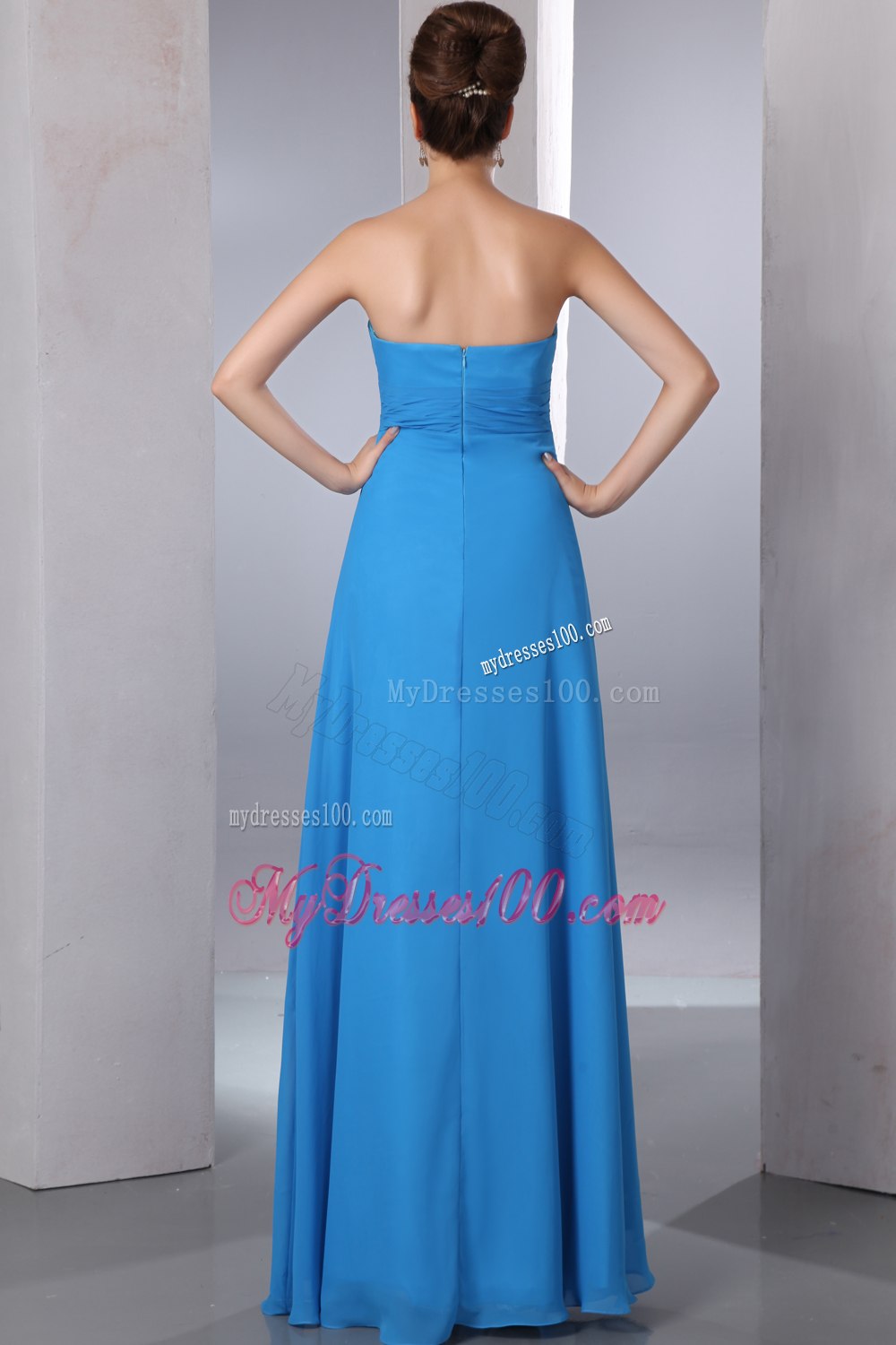 Blue Pleated Strapless Empire Floor-length Bridesmaid Dresses