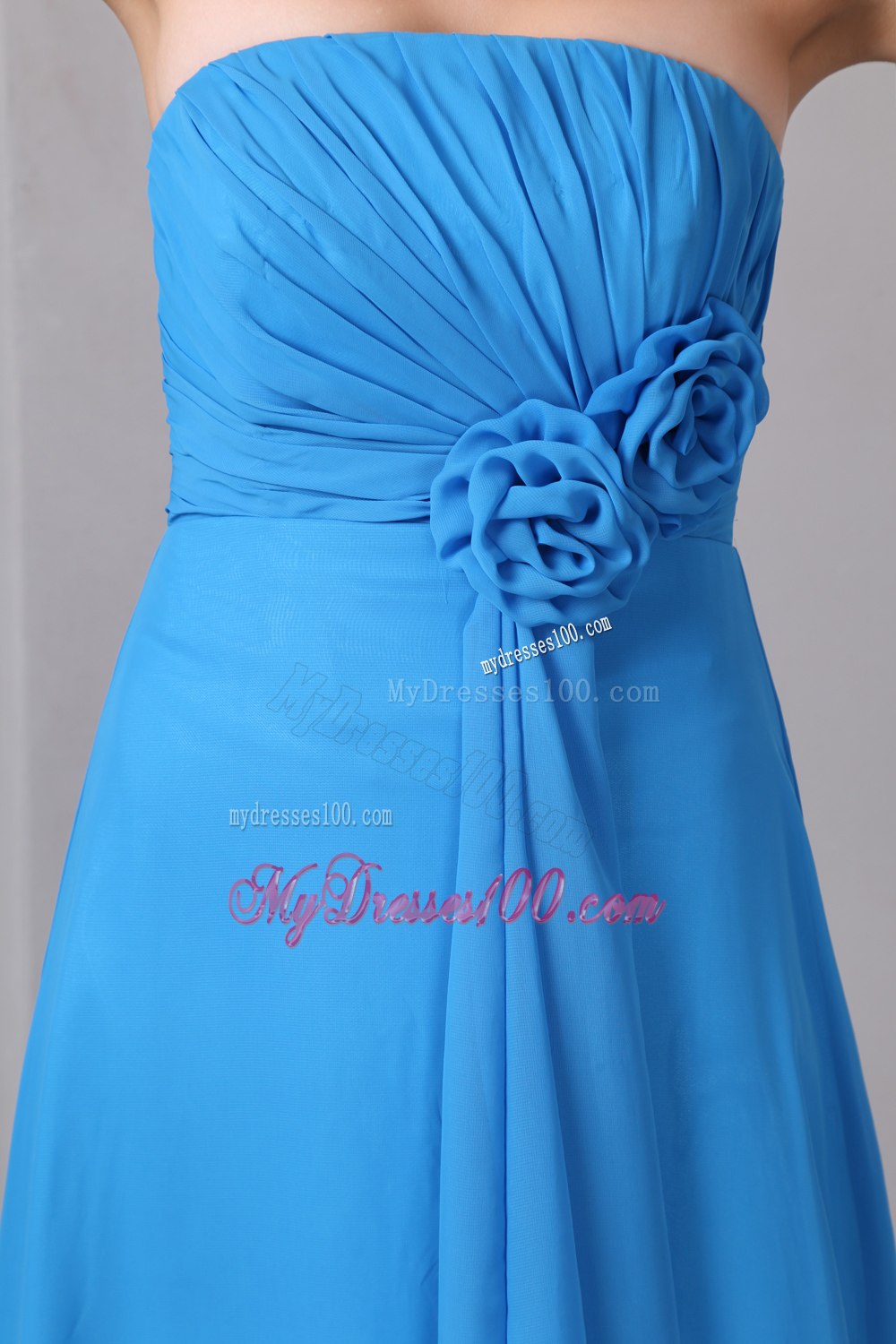 Blue Pleated Strapless Empire Floor-length Bridesmaid Dresses