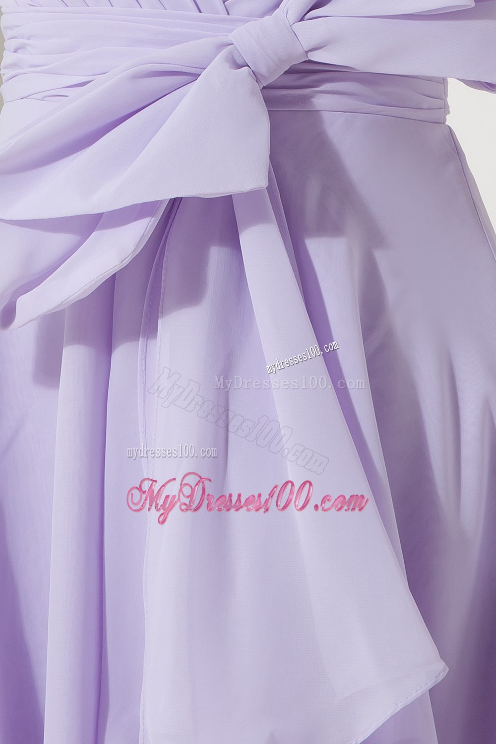 Lilac Pleated Mini-length Asymmetrical Dress For Bridesmaid with Flower
