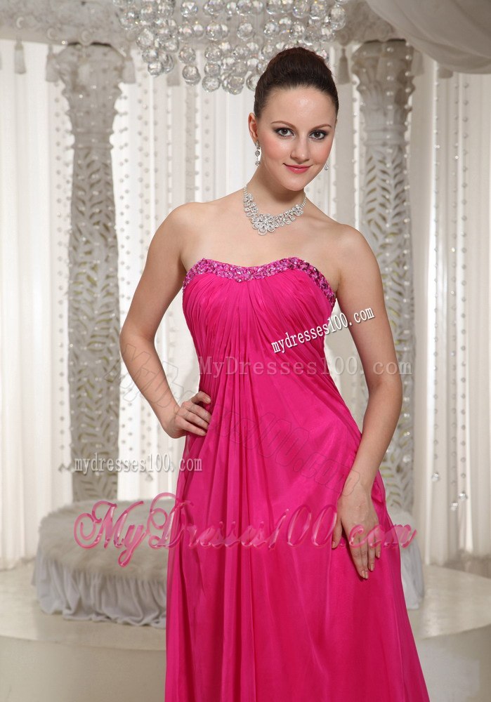 Hot Pink Beading Strapless Floor-length Pleated Dresses For Bridesmaid