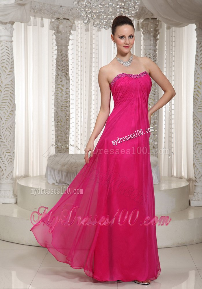 Hot Pink Beading Strapless Floor-length Pleated Dresses For Bridesmaid